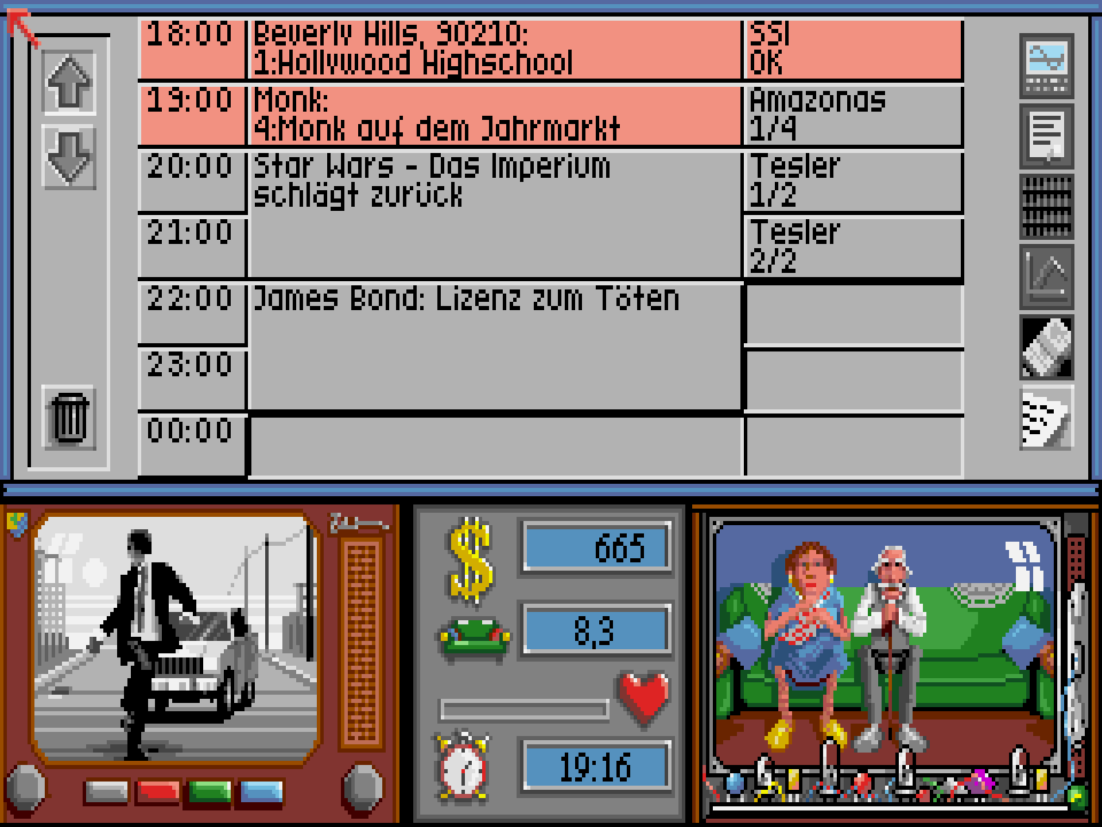 Programmplaner: 18 Uhr Beverly Hills 90210, 19 Uhr Monk, 20 Uhr Star Wars, 22 Uhr James Bond, rechts die Werbung